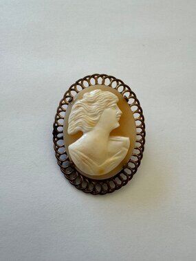 Hand Carved Shell Cameo Brooch Pendant Artisan Copper Wire Frame Vintage